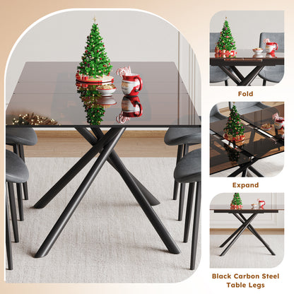 59-Inch Black Glass Top & X-Base Expandable Dining Table Set with 4 Gray Ergonomic Chairs