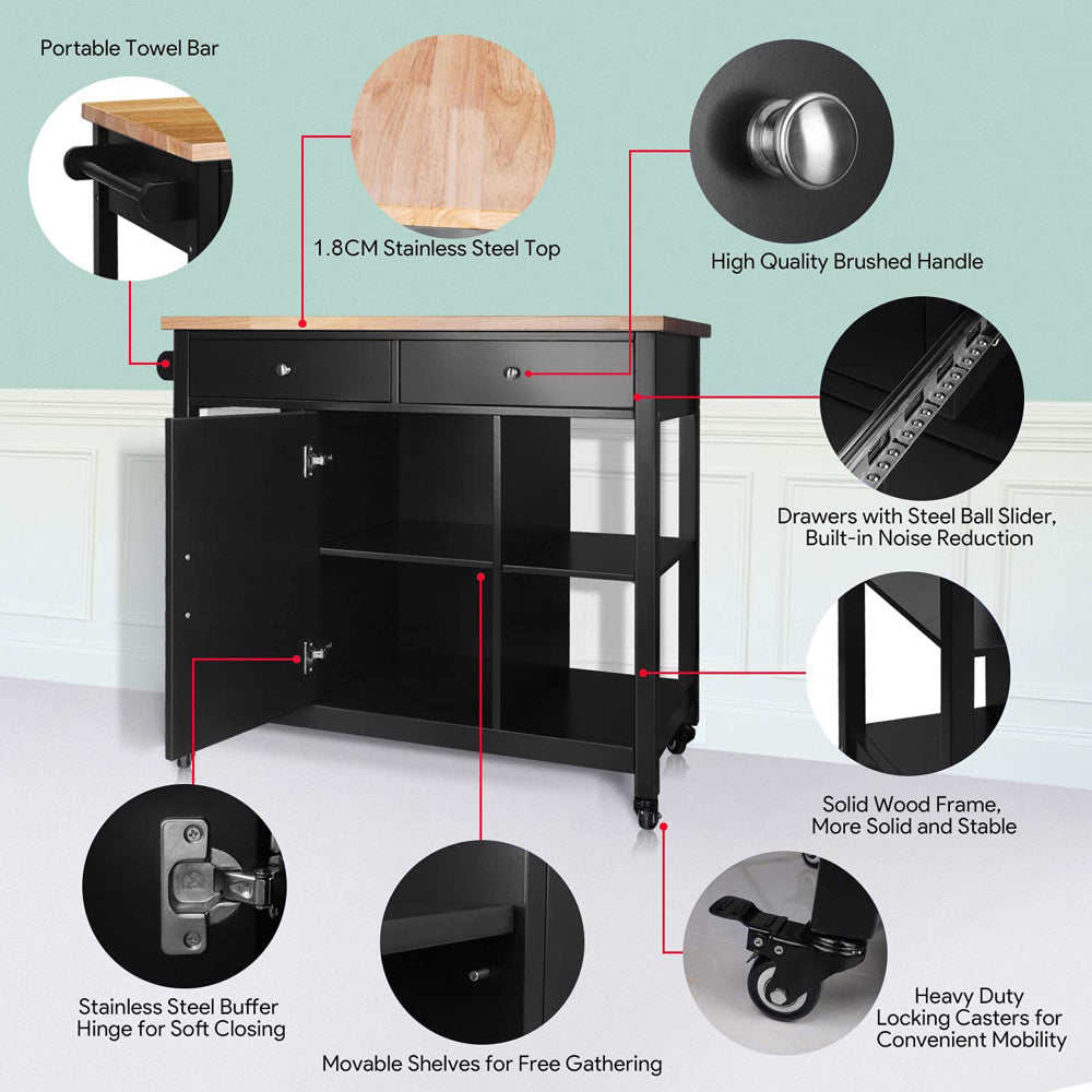 Rolling Kitchen Island wtih Rubber Wood Top - TimberFlare