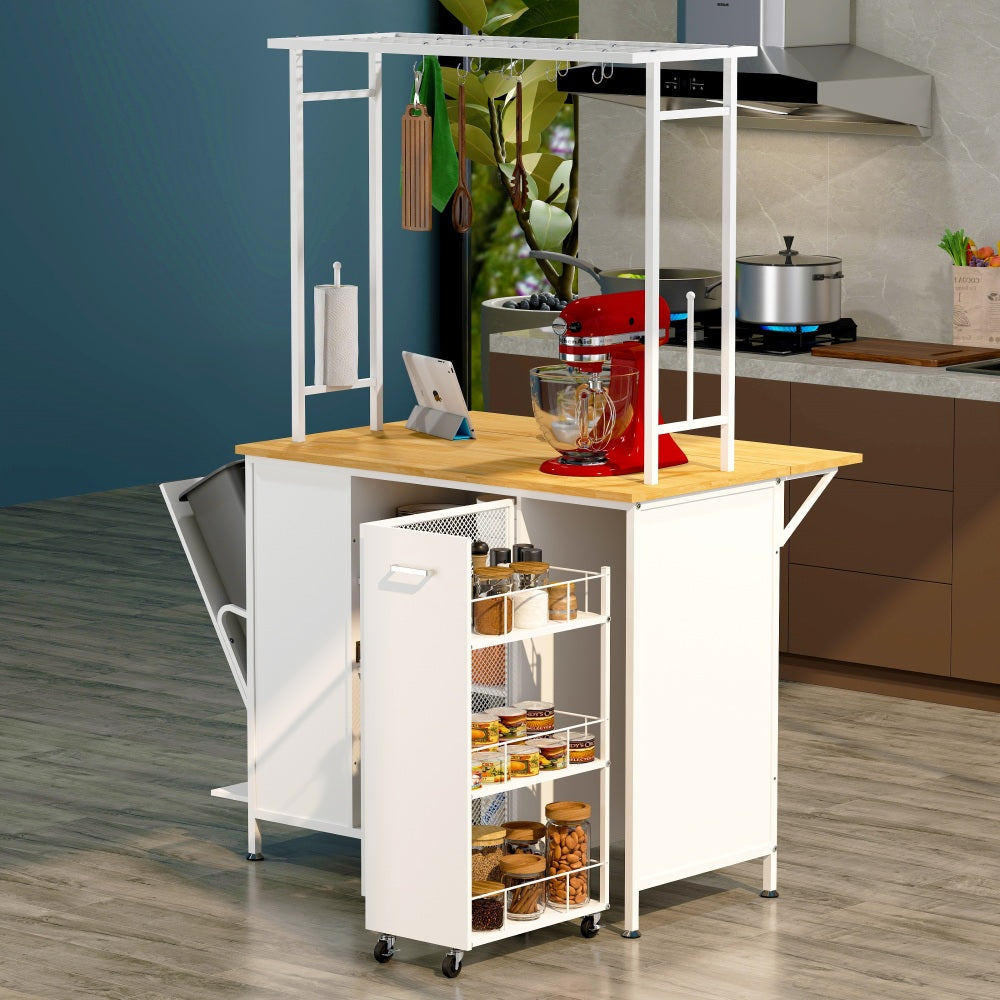 Mobile Kitchen Island with Drop-Leaf, Coffee Station & Hidden Trash Cabinet - TimberFlare
