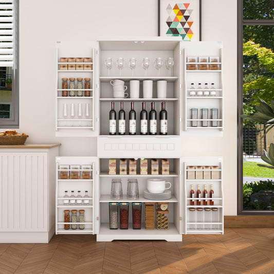 White Farmhouse Pantry Cabinet with Door Racks &amp; Drawer - TimberFlare