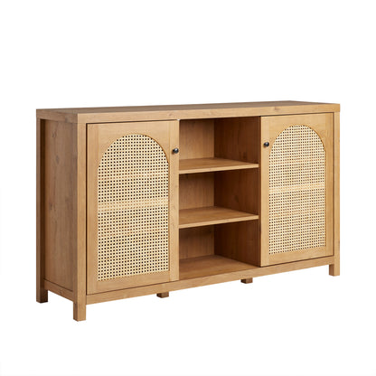 58″ Sideboard with Arched Rattan Doors and Open Shelves