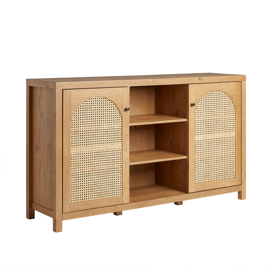 58″ Sideboard with Arched Rattan Doors and Open Shelves