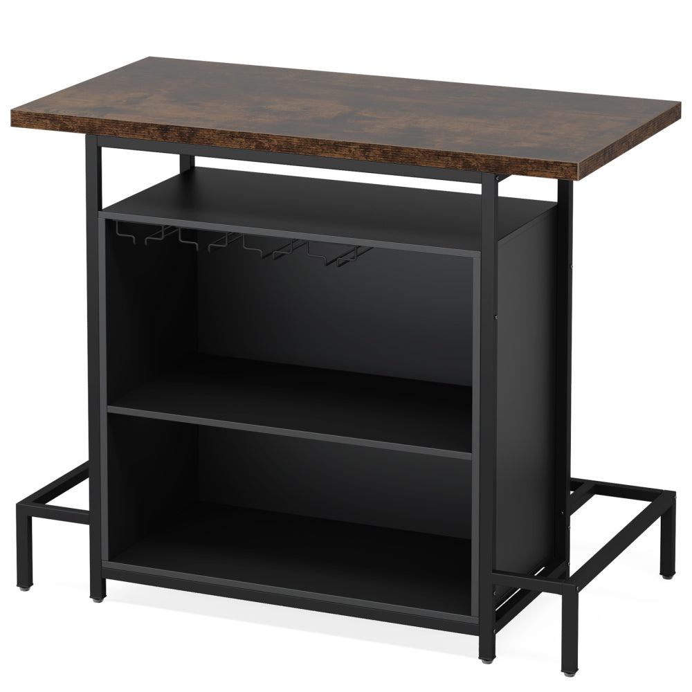 48-Inch Industrial Home Bar with 16-Glass Stemware Rack and Footrest - TimberFlare