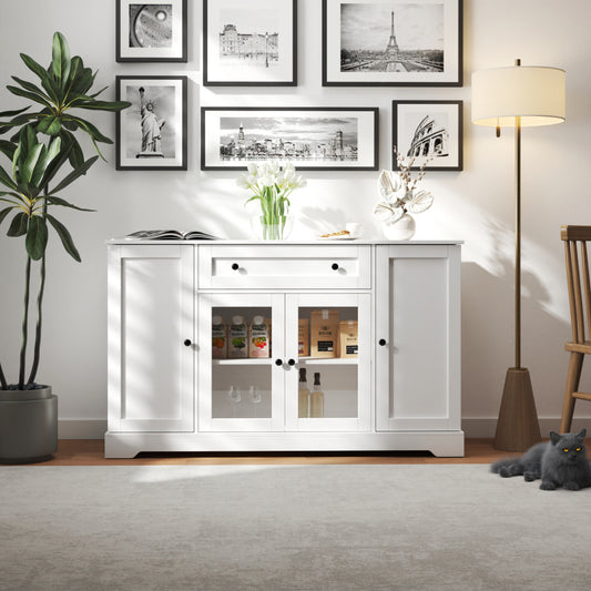 White Farmhouse Sideboard Cabinet with Glass Display & Coffee Bar Storage - TimberFlare