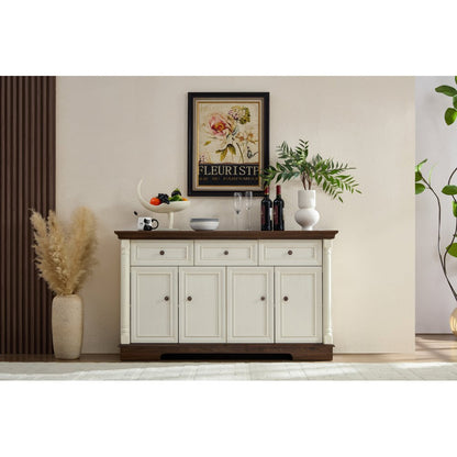 55″ Farmhouse Sideboard with Roman Column Detail, White & Walnut - TimberFlare