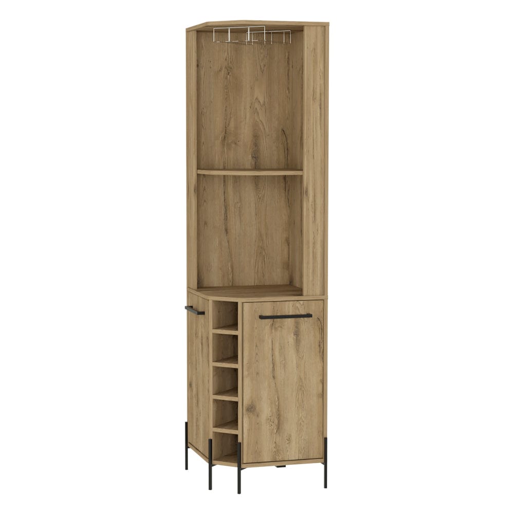 Beige Oak Corner Bar Cabinet with Wine Rack & Coffee Station Shelves - TimberFlare