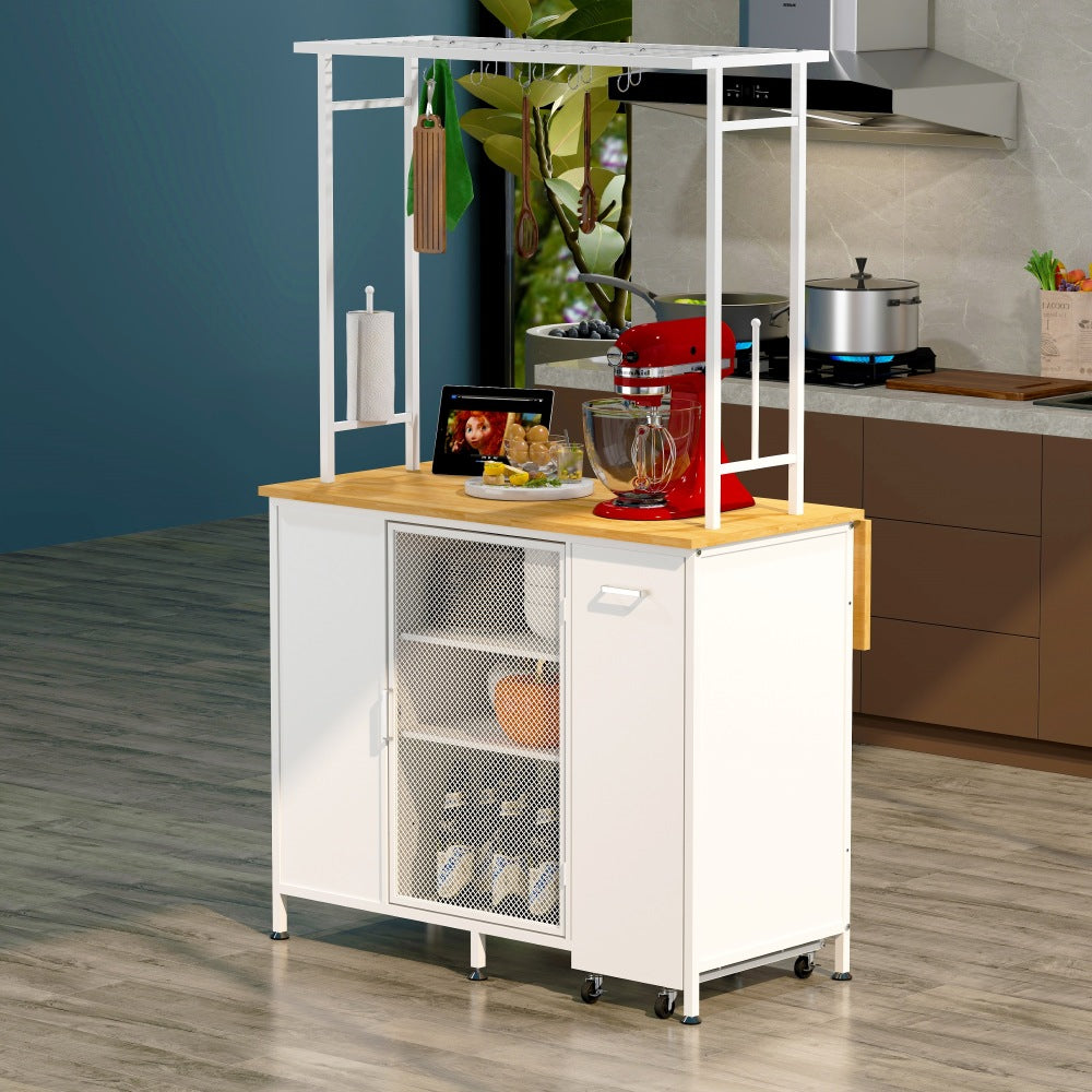 Mobile Kitchen Island with Drop-Leaf, Coffee Station & Hidden Trash Cabinet - TimberFlare