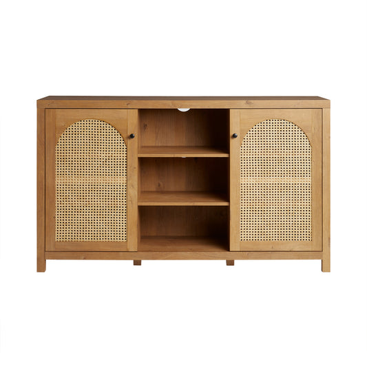 58″ Sideboard with Arched Rattan Doors and Open Shelves