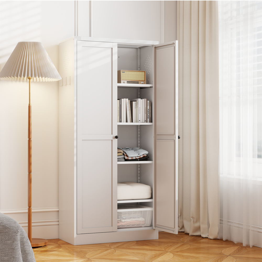 72" Modern Metal Pantry Cabinet with Glass Doors - TimberFlare