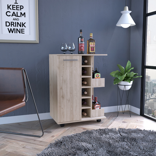 Light Gray Oak Bar Cart with Wine Storage & Cabinet - TimberFlare
