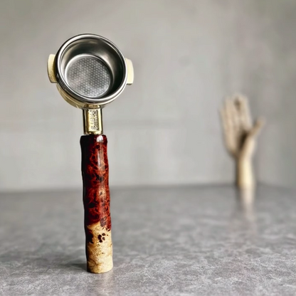 Veneer Echo Artisan Bottomless Portafilter wood, resin, or metal material detail close-up