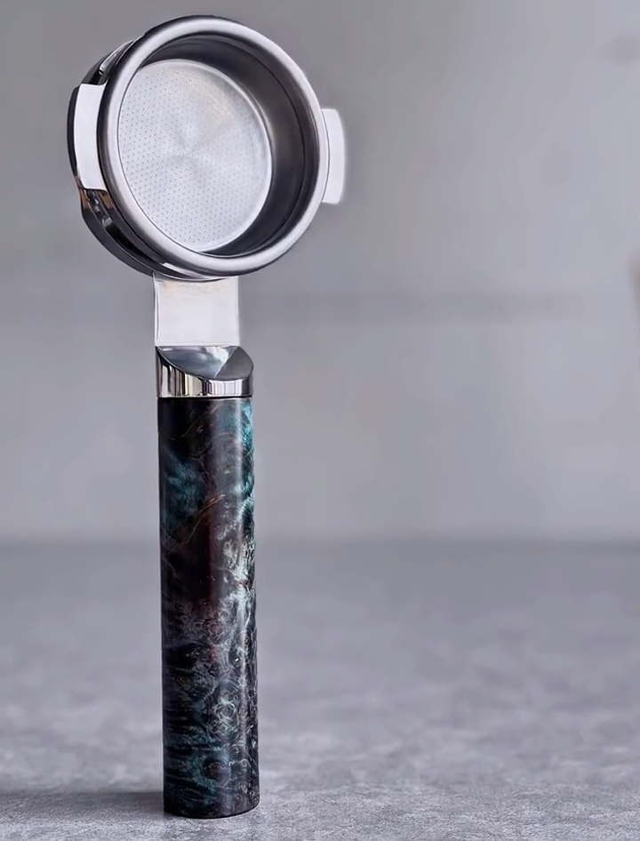 Teal Nebula Artisan Bottomless Portafilter wood, resin, or metal material detail close-up