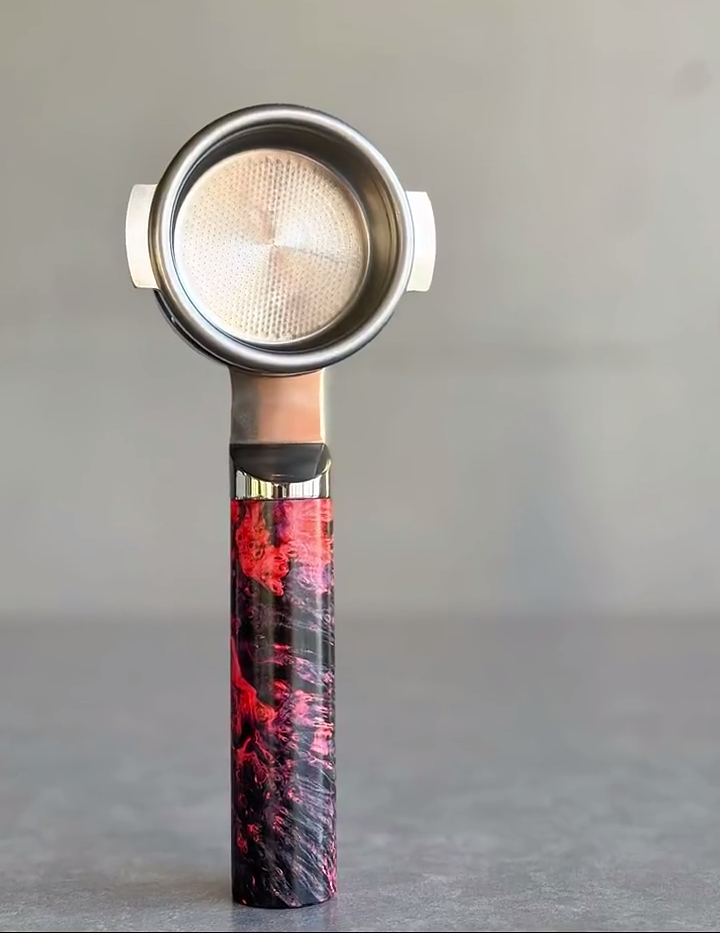 Crimson Nebula Artisan Bottomless Portafilter wood, resin, or metal material detail close-up