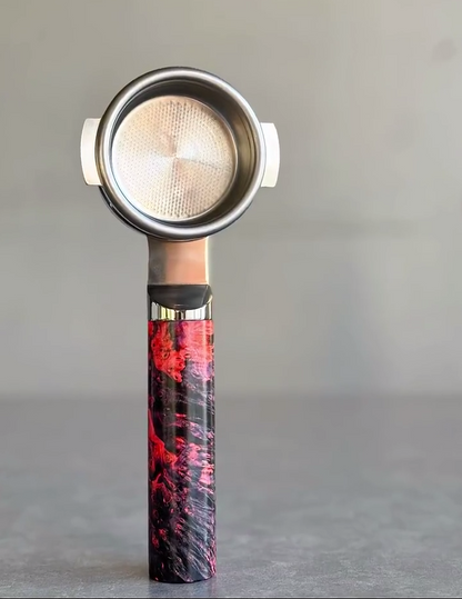 Crimson Nebula Artisan Bottomless Portafilter wood, resin, or metal material detail close-up
