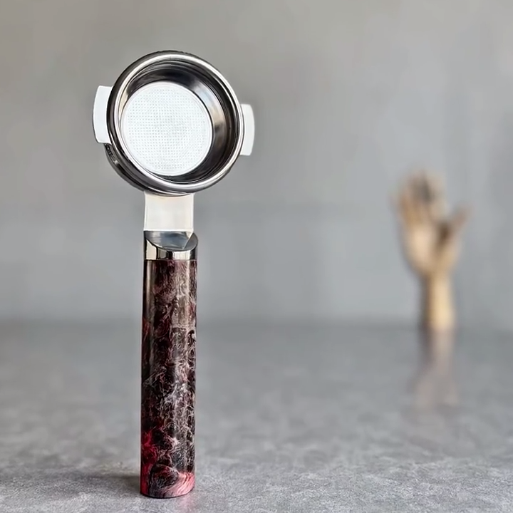 Obsidian Rose Artisan Bottomless Portafilter wood, resin, or metal material detail close-up