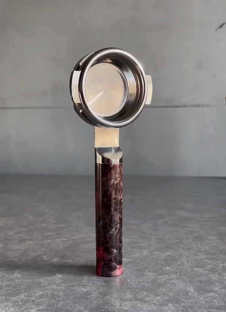 Crimson Burl Artisan Bottomless Portafilter paired with compatible espresso machine espresso machine setup