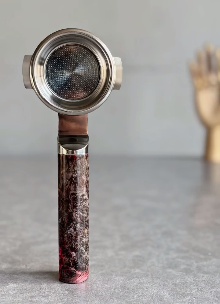 Crimson Burl Artisan Bottomless Portafilter alternate angle 8 for compatible espresso machine