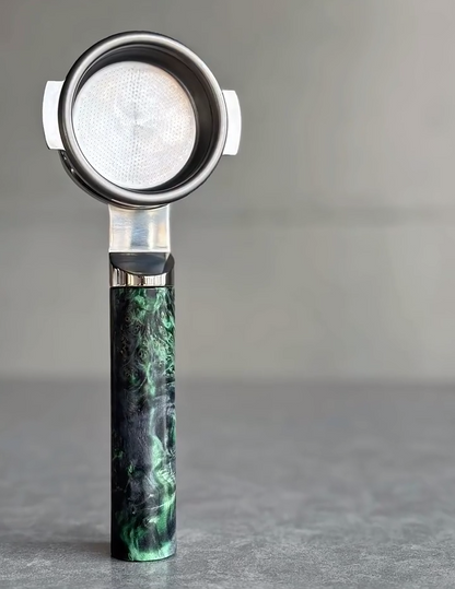 Emerald Nebula Artisan Bottomless Portafilter wood, resin, or metal material detail close-up