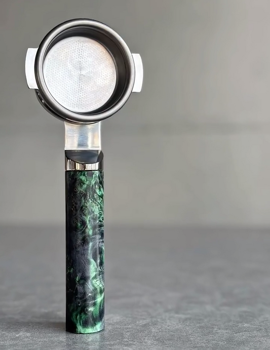 Emerald Nebula Artisan Bottomless Portafilter wood, resin, or metal material detail close-up alternate view