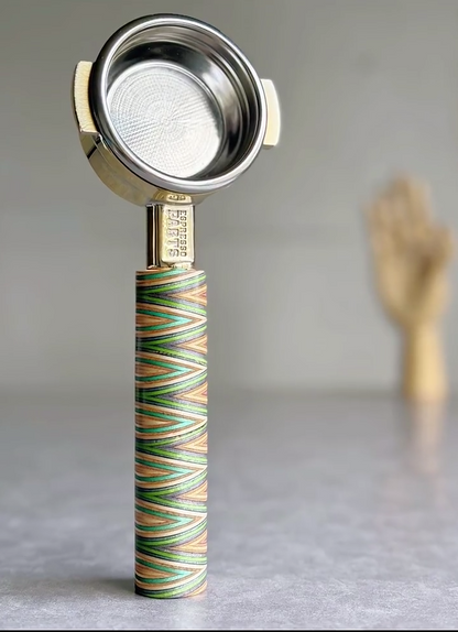 Chevron Prism Artisan Bottomless Portafilter wood, resin, or metal material detail close-up
