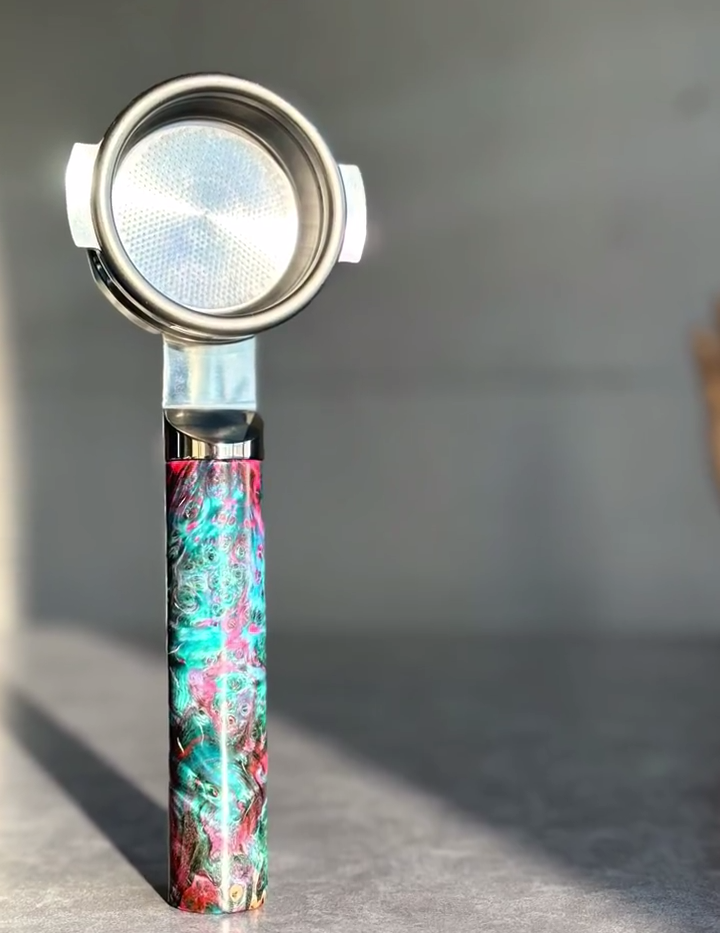 Nebula Burl Artisan Bottomless Portafilter wood, resin, or metal material detail close-up