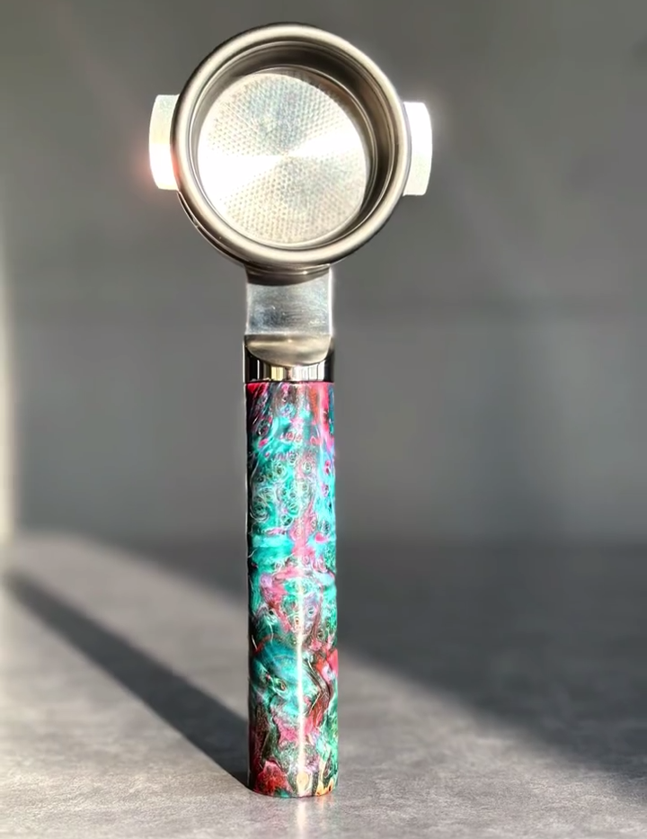 Electric Teal Burl Artisan Bottomless Portafilter alternate angle 5 for La Marzocco