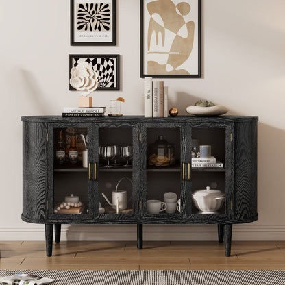Elegant black wood sideboard with four glass-paneled cabinet doors displaying glassware, drinks, and decorative items in a modern living space｜TimberFlare
