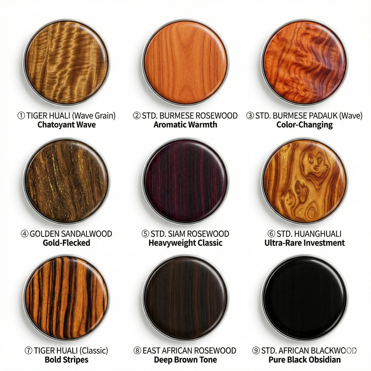 Wood swatch chart for the nine Bespoke hardwood handle options