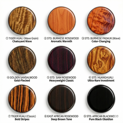 Wood swatch chart for the nine Bespoke hardwood handle options