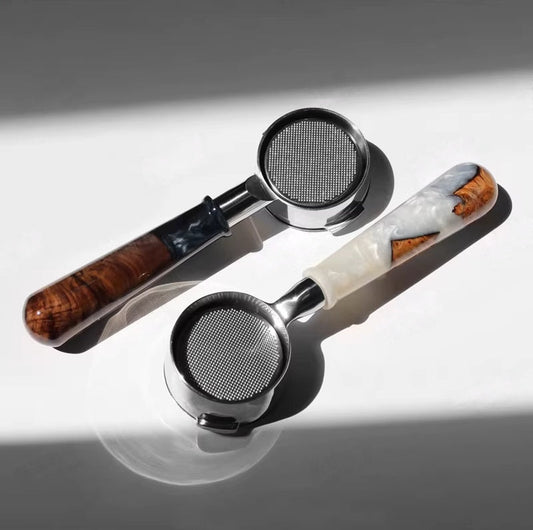 1-of-1 Artisan Hybrid Burl & Resin Bottomless Portafilter for compatible espresso machine