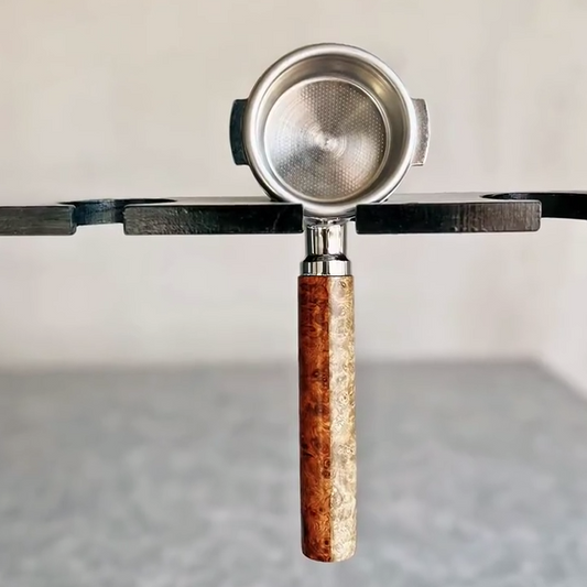 Dual-Tone Burl Artisan Bottomless Portafilter wood, resin, or metal material detail close-up alternate view