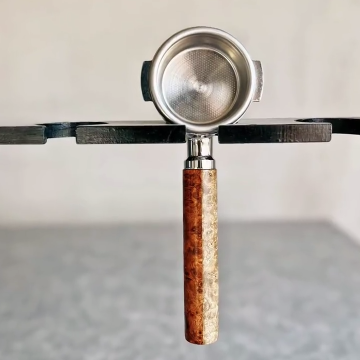 Split Burl Artisan Bottomless Portafilter wood, resin, or metal material detail close-up