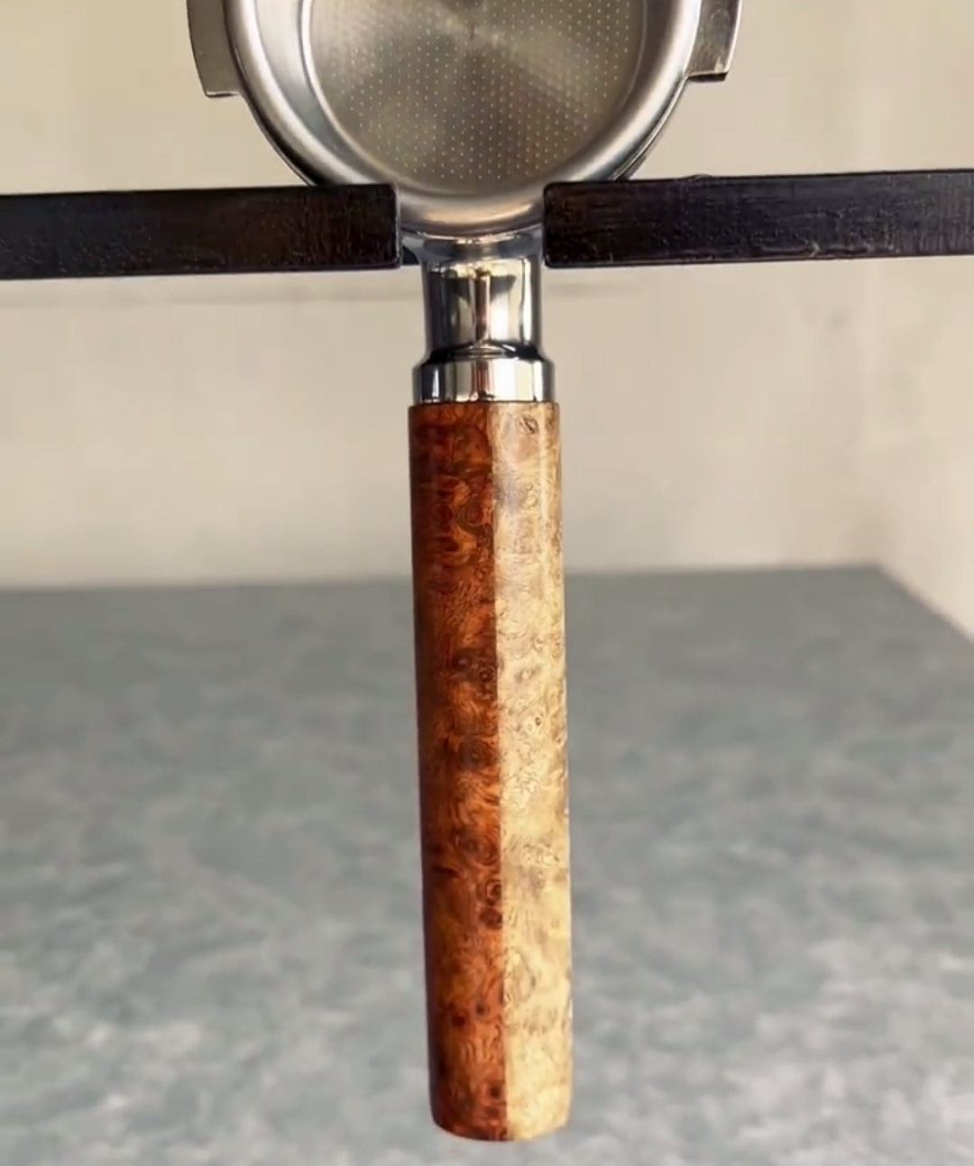 Split Burl Artisan Bottomless Portafilter alternate angle 13 for La Marzocco