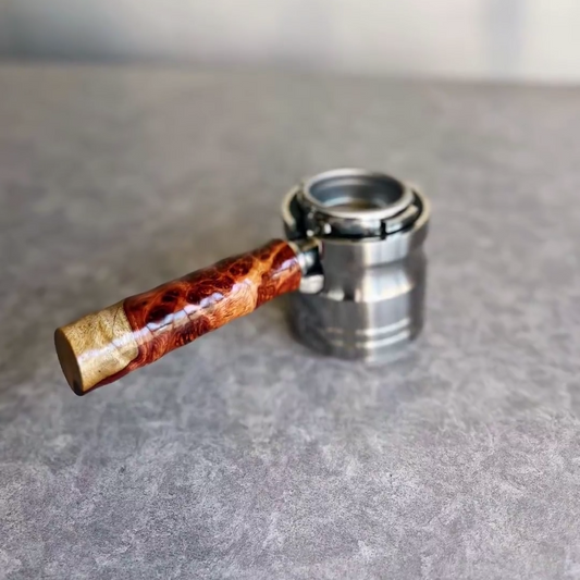 Amber Swirl Burl Artisan Bottomless Portafilter wood, resin, or metal material detail close-up alternate view