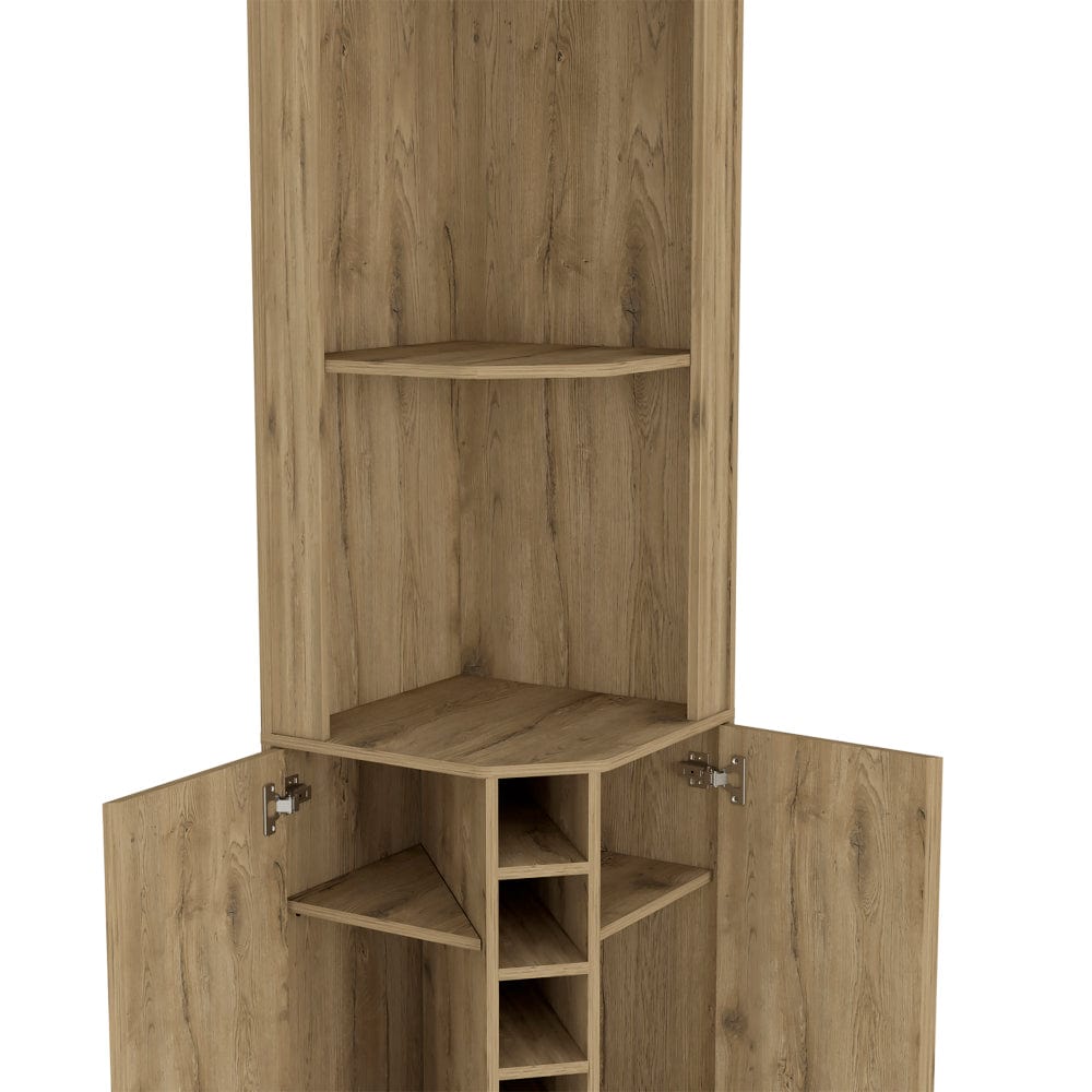 Beige Oak Corner Bar Cabinet with Wine Rack & Coffee Station Shelves - TimberFlare