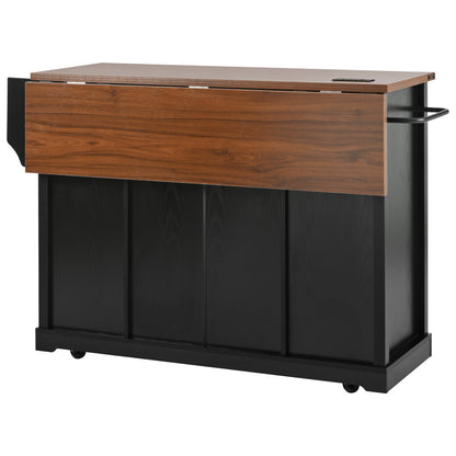 58-Inch Farmhouse Kitchen Island with Drop Leaf, Power Outlet