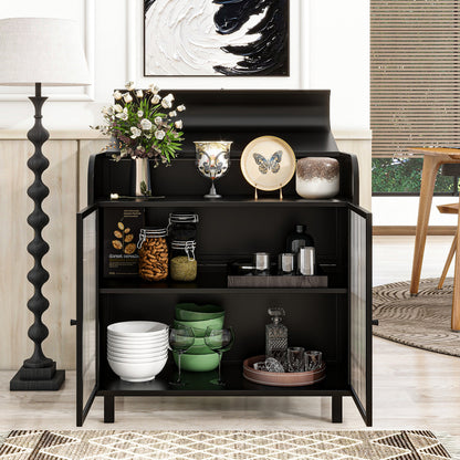 Industrial Flip-Top Sideboard Cabinet with Fluted Glass Doors - TimberFlare