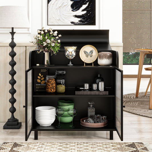 Industrial Flip-Top Sideboard Cabinet with Fluted Glass Doors - TimberFlare