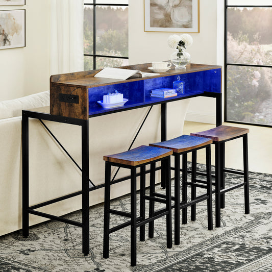 59" Bar Table and Chairs Set with LED Lights, Power Outlets & Stools - TimberFlare