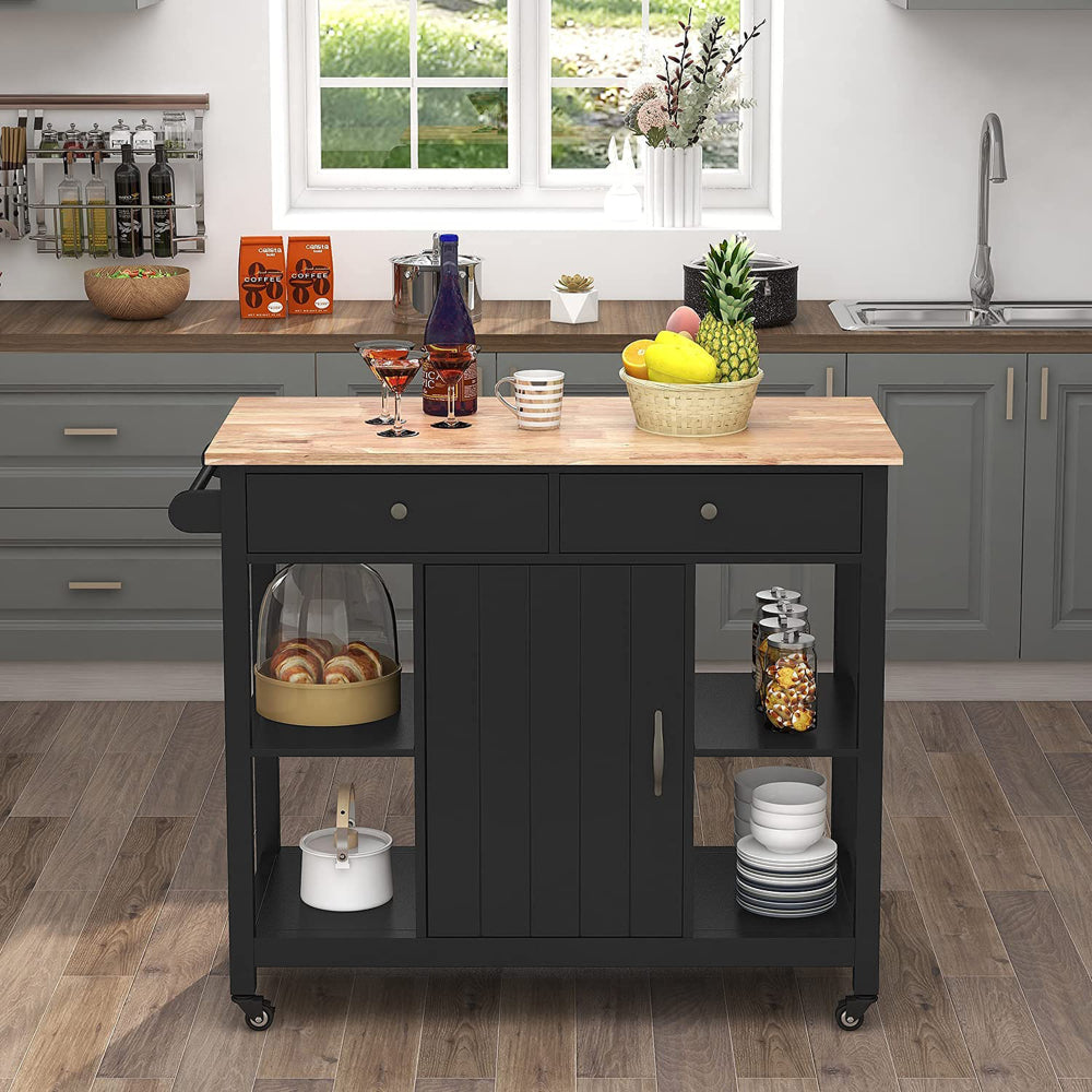 Rolling Kitchen Island wtih Rubber Wood Top - TimberFlare