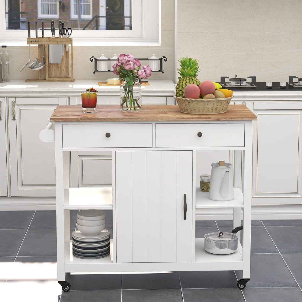 Rolling Kitchen Island wtih Rubber Wood Top - TimberFlare