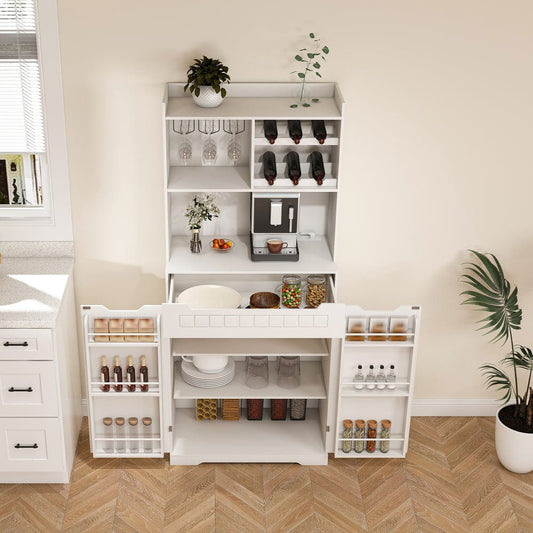 Farmhouse Coffee Bar Hutch with Door Racks & Drawers - TimberFlare