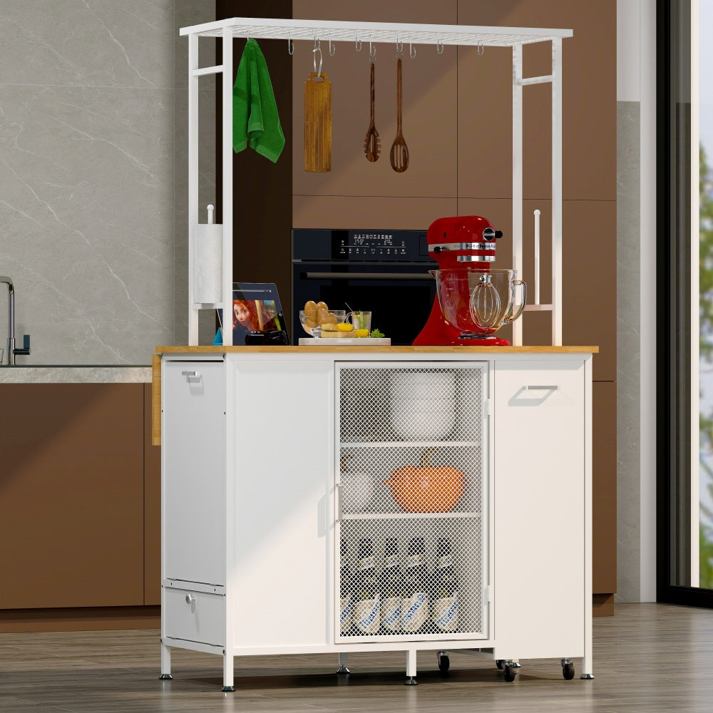 Mobile Kitchen Island with Drop-Leaf, Coffee Station & Hidden Trash Cabinet - TimberFlare