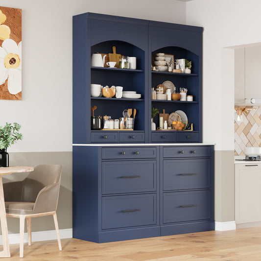 Farmhouse Pantry Hutch Set with Faux Marble Coffee Bar Counter - TimberFlare