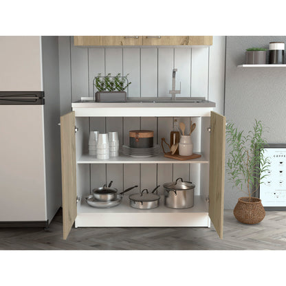 White & Oak Coffee Bar Cabinet with Sink & Stainless Steel Top - TimberFlare