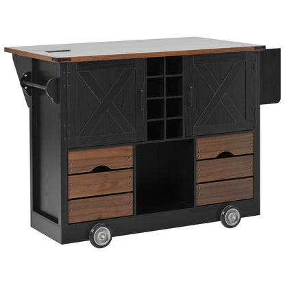 54" Farmhouse Rolling Island with Drop Leaf, Power Outlet