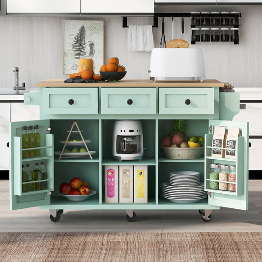 53.1″ Rolling Kitchen Island with Rubberwood Drop-Leaf Countertop - TimberFlare