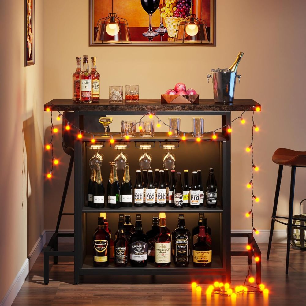 48-Inch Industrial Home Bar with 16-Glass Stemware Rack and Footrest - TimberFlare