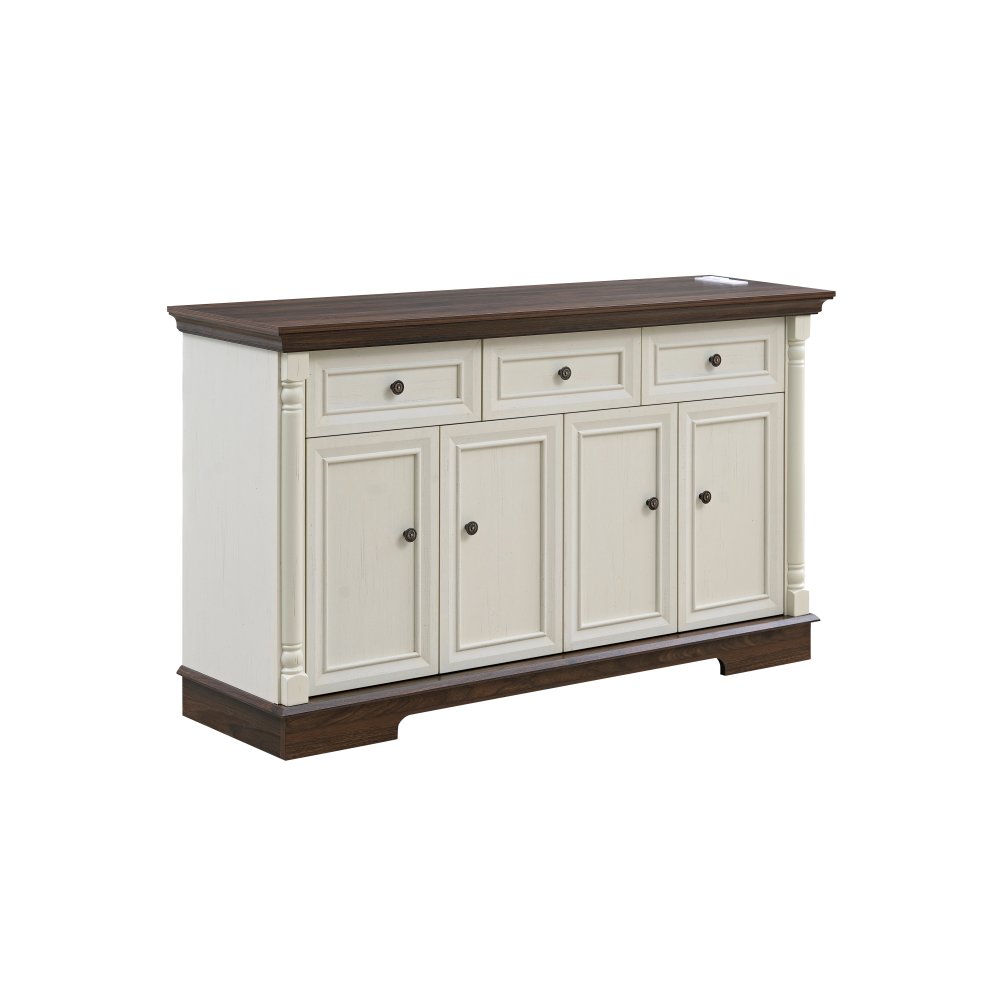 55″ Farmhouse Sideboard with Roman Column Detail, White & Walnut - TimberFlare