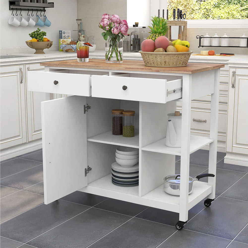 Rolling Kitchen Island wtih Rubber Wood Top - TimberFlare